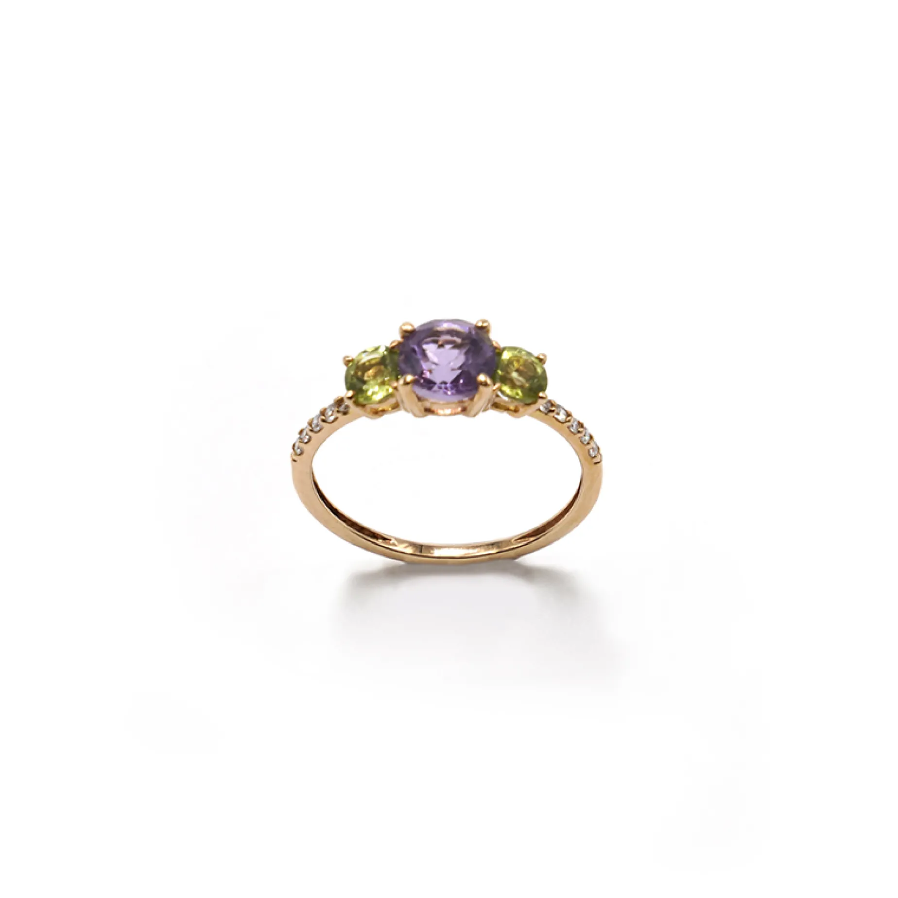 ANILLO ORO 18 KILATES CON DIAMANTES, AMATISTA Y OLIVINOS
