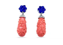 PENDIENTES ORO 18 KILATES CON DIAMANTES, CORAL Y ZAFIROS