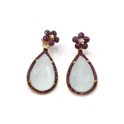 PENDIENTES ORO 18 KILATES CON DIAMANTES, AGUAMARINAS Y RUBIES